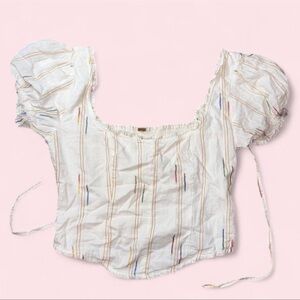 Free People White Puff Sleeve Blouse with Multicolor Stripes